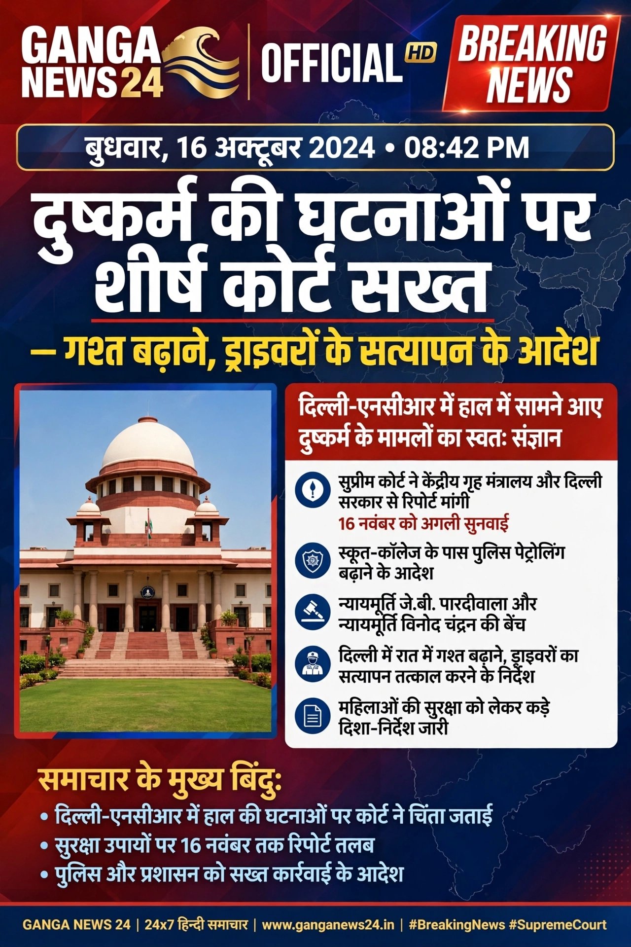 दुष्कर्म की घटनाओं पर शीर्ष कोर्ट सख्त – गश्त बढ़ाने, ड्राइवरों के सत्यापन के आदेश